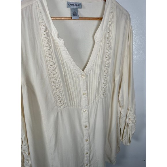 Catherines 3X Blouse Rayon Top Boho Button Down Relaxed Long Sleeve V-Neck Cream - Picture 12 of 12